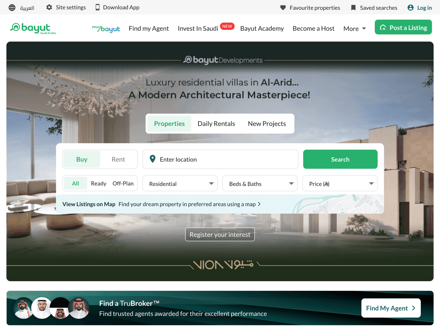 Bayut KSA property portal listing page with REGA and NAFATH verification, backend built on Node.js