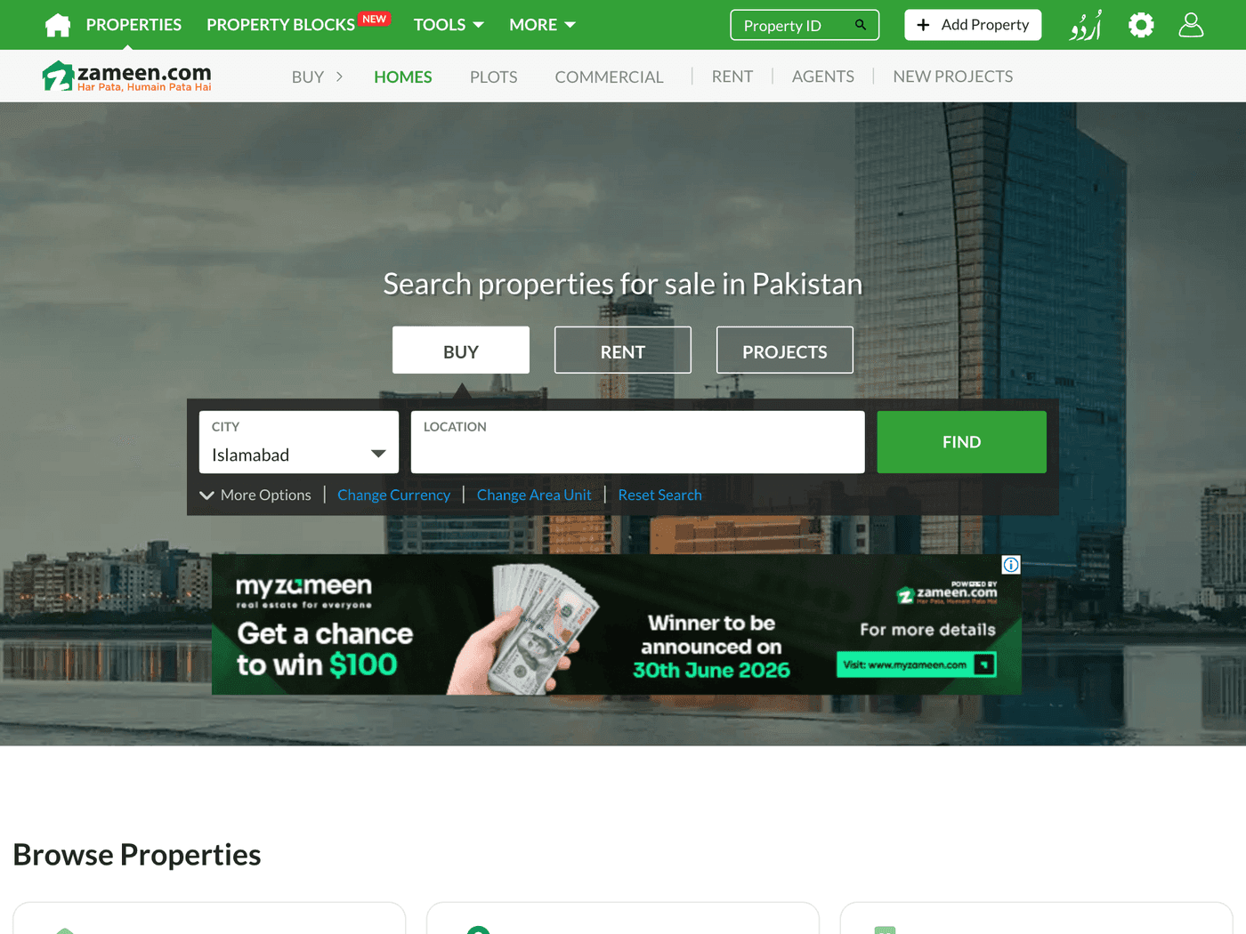 Zameen real-estate marketplace listing and messaging interface, backend built with AWS S3 and a Mailboxer messaging system